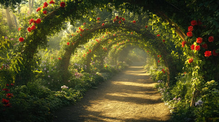 A magical garden path lined with sunlit flower arches, set against a backdrop of verdant greenery.の素材