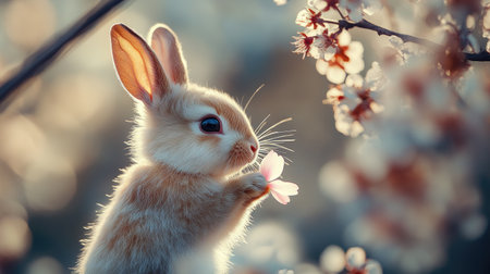 A cute rabbit gently holding a flower petal, surrounded by blooming cherry blossoms, capturing the charm of springtime.の素材