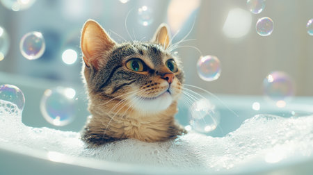A playful cat in a bathtub, surrounded by shimmering soap bubbles, enjoying a lively and fun bath time.の素材