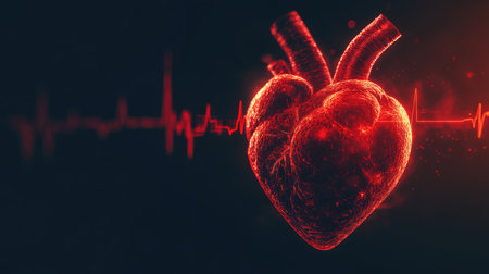 Close-up of a human heart with dynamic red pulse lines, symbolizing health, life, and cardiology on a dark background.の素材