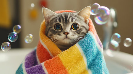 A cute cat wrapped in a colorful towel, sitting in a bathtub, surrounded by floating rainbow-colored soap bubbles.の素材