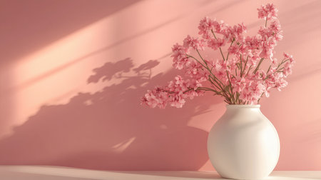 A soft pink flower arrangement set against a single-color backdrop, embodying the beauty and simplicity of spring.の素材