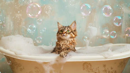 A playful cat in a bathtub, surrounded by shimmering soap bubbles, enjoying a lively and fun bath time.の素材