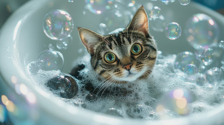 A playful cat in a bathtub, surrounded by shimmering soap bubbles, enjoying a lively and fun bath time.の素材