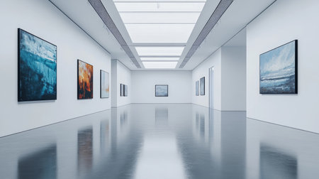 A minimalist art gallery featuring bold paintings on white walls, with a focus on modern artistic expression.の素材