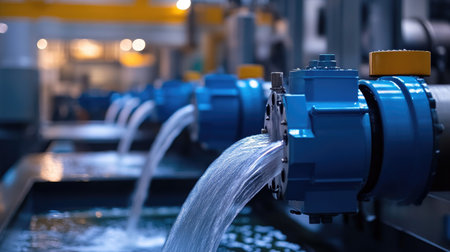 Close-up of hydro turbines during water flow testing inside a high-tech industrial facilityの素材