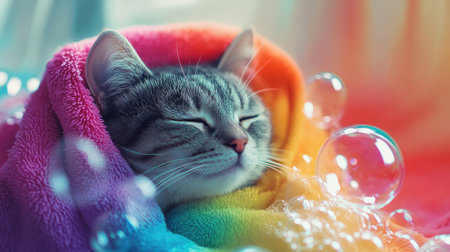 Cat snugly wrapped in a bright towel, enjoying a bath surrounded by floating bubbles in rainbow hues.の素材