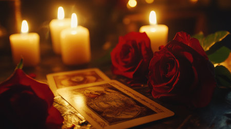 A tarot reading session bathed in candlelight, with roses enhancing the mystical and intimate atmosphere of the room.の素材