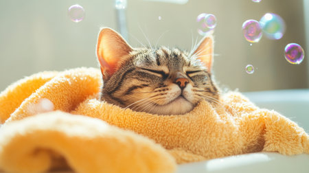 Cute cat in a bath, enveloped in a towel, with rainbow bubbles dancing in the air, making for a joyful moment.の素材