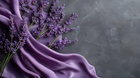 Elegant lavender flowers artfully arranged with flowing silk fabric on a textured gray surface, creating a serene and sophisticated composition.の素材