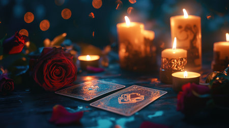 Dimly lit tarot reading scene with glowing candles and scattered roses, evoking a mystical and enchanting ambiance.の素材
