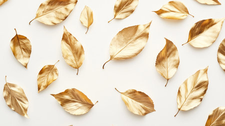Elegant golden leaves scattered on a pristine white background, creating a luxurious and minimalist composition.の素材