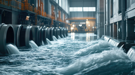 Close-up of hydro turbines during water flow testing inside a high-tech industrial facilityの素材