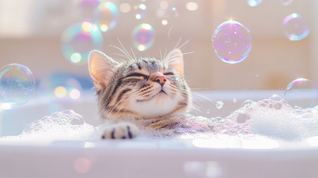 Cute cat in a bathtub, having a blast playing with colorful soap bubbles, making bath time a joyful experience.の素材