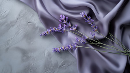Delicate lavender flowers paired with luxurious silk fabric on a textured gray surface, capturing a sense of refined beauty.の素材