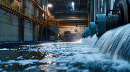 Water flow testing of hydro turbines in a specialized facility, highlighting the process of energy generation.の素材