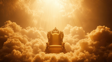 Golden rays shine down on a throne encircled by clouds, symbolizing authority and celestial power.の素材