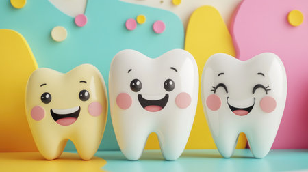 Happy tooth characters posed together on a colorful background, representing a family-focused approach to dental hygiene.の素材