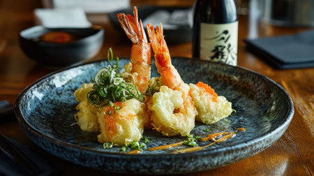A sumptuous plate of tempura shrimp with a sake bottle on the side, vivid colors and elegant presentation on display.の素材