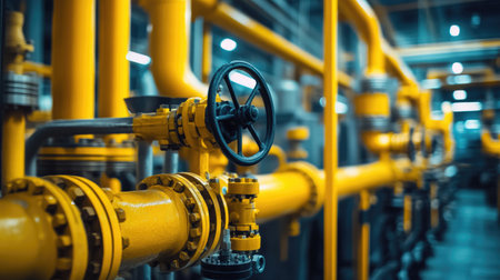 Industrial gas plant with yellow pipes and valves, highlighting the importance of safety and control systems in gas processing.の素材