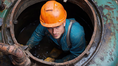 Septic tank maintenance by a worker, showcasing the critical role of waste disposal services in public health.の素材