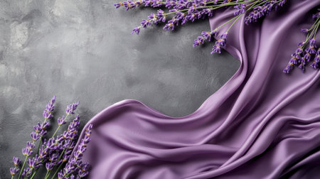 Lavender flowers and smooth silk fabric gracefully spread over a textured gray background, offering a touch of elegance and tranquility.の素材