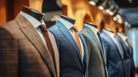 Mannequins modeling different business suits, illustrating a spectrum of professional fashion choices. -の素材