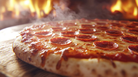 A big pepperoni pizza fresh from the oven, with cheese melting and steam rising, creating a delicious and appetizing scene.の素材
