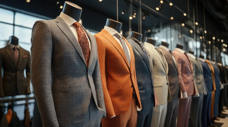 Mannequins dressed in a variety of business suits, showcasing different styles, colors, and models in a modern display.の素材