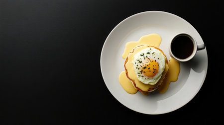 A plate of egg Benedict topped with hollandaise sauce, with a cup of coffee on the side, set against a minimalist black background for a gourmet breakfast scene.の素材