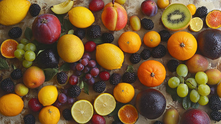 An overhead view of a vibrant collection of mixed fruits, artfully arranged on a flat surface, showcasing a variety of colors and textures in a fresh and lively presentation.の素材