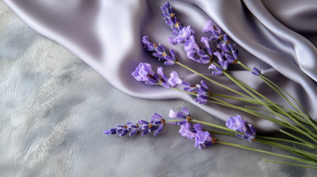 Soft lavender flowers resting on silk fabric, both placed on a textured gray surface, creating a composition of elegance and calmの素材