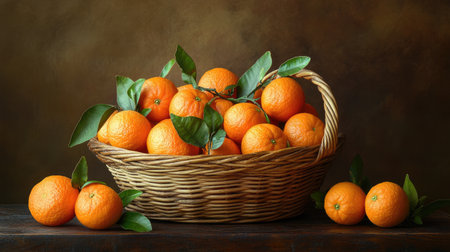 Basket of tangerines on a wooden table, captured in a still life style, highlighting the bright colors and fresh texture of the fruit.の素材
