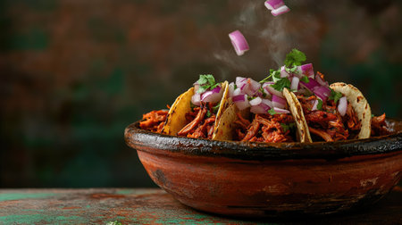 A visually dynamic image of Tacos de Cochinita Pibil with onions and habanero chili floating above a traditional clay dish, emphasizing the vibrant colors and textures.の素材