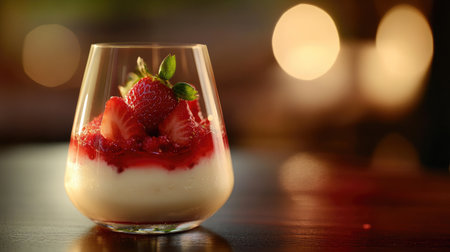 Close-up of panna cotta with strawberry topping in a glass, with sharp light and contrasting shadows creating depth and highlighting the dessert.の素材