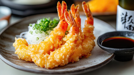 Luxurious plate with tempura fried shrimp, accompanied by a sake bottle on the side, showcasing vivid colors and elegant presentation.の素材