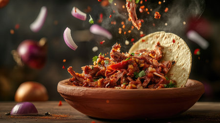 Creative food photography of Tacos de Cochinita Pibil, with onions and habanero chili falling onto a traditional Mexican clay dish, captured mid-air in a dynamic levitation shot.の素材