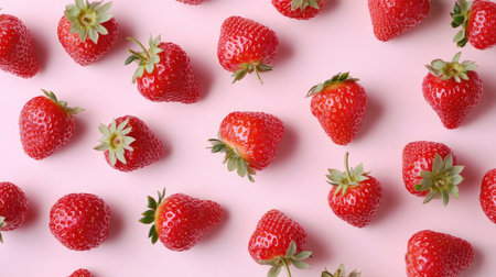 Overhead view of bright red strawberries artistically arranged on a soft pastel background, creating a cheerful and fresh image.の素材