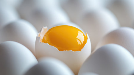 Single broken egg with a vivid yellow yolk standing out among a row of pristine white eggs, softly blurred background.の素材