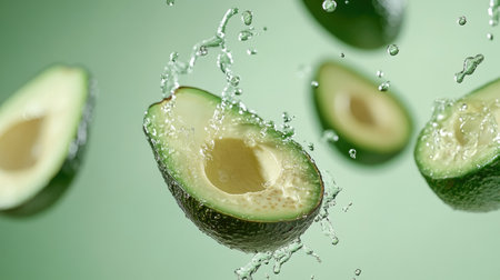 Fresh avocado slices with water drops flying in the air, suspended against a mint green background, capturing the freshness and vibrancy of the fruit.の素材