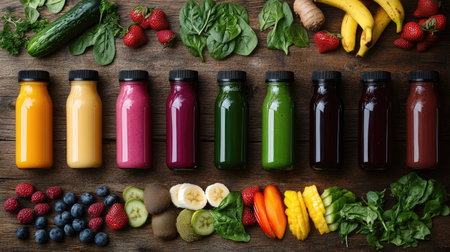 Freshly made smoothies in various bottles, featuring a rainbow of fruits and vegetables, laid out on a rustic wooden table with ingredients like spinach, bananas, and strawberries.の素材