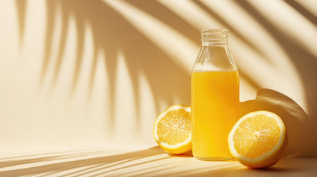 Lemon juice in a glass bottle, under bright sunlight on a simple background, promoting a healthy detox drink with vibrant summer vibes.の素材