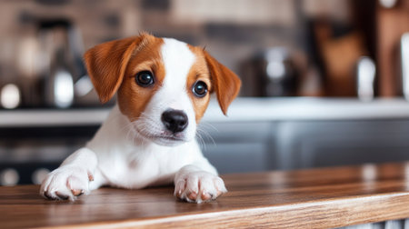 A charming puppy caught stealing snacks from the kitchen counter, showcasing its innocent but mischievous side.の素材