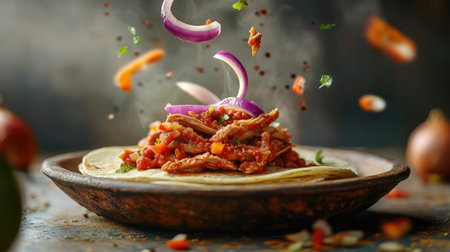 Tacos de Cochinita Pibil with onions and habanero chili seemingly floating above a traditional Mexican plate, in a visually striking levitation photographの素材