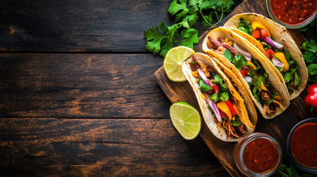 Tacos al pastor and Mexican sauce placed on a rustic wooden background, offering a vibrant and appetizing composition with copy space.の素材