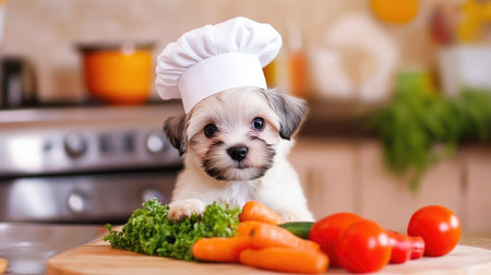 A charming puppy in a chef hat, busily preparing a vegetable dish in the kitchen, illustrating its culinary interest.の素材