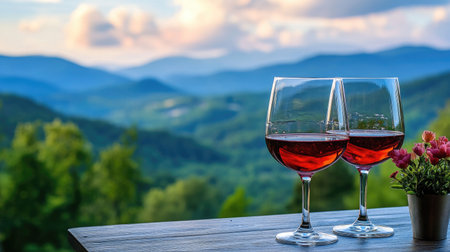 Wine glasses on a table with a panoramic mountain view, creating a serene and picturesque scene for enjoying a drinkの素材