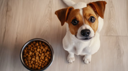 A cute little dog sitting next to a bowl of dog food, looking up at the camera with a hopeful expression, set against a neutral background.の素材