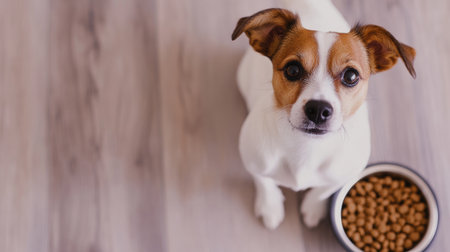 A cute little dog sitting next to a bowl of dog food, looking up at the camera with a hopeful expression, set against a neutral background.の素材