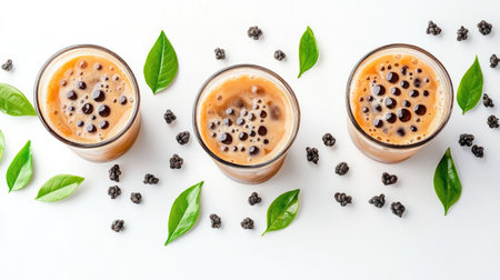 A flat lay of Taiwan milk tea with bubbles, surrounded by tea leaves and tapioca pearls on a clean white background.の素材